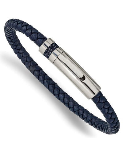 Blue Leather Braided Bracelet with Push Button Lock on Top to Release Clasp