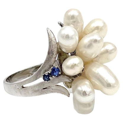 Pre-Owned 14K White Gold Fresh Water Pearl and Blue Sapphire Cocktail Ring