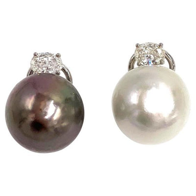 Pre-Owned 18K White Gold Black and White South Sea Pearl Earrings with Diamonds