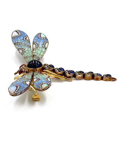 Pre-owned Antique 18K Yellow Gold and Silver Handmade Dragonfly Brooch / Pendant