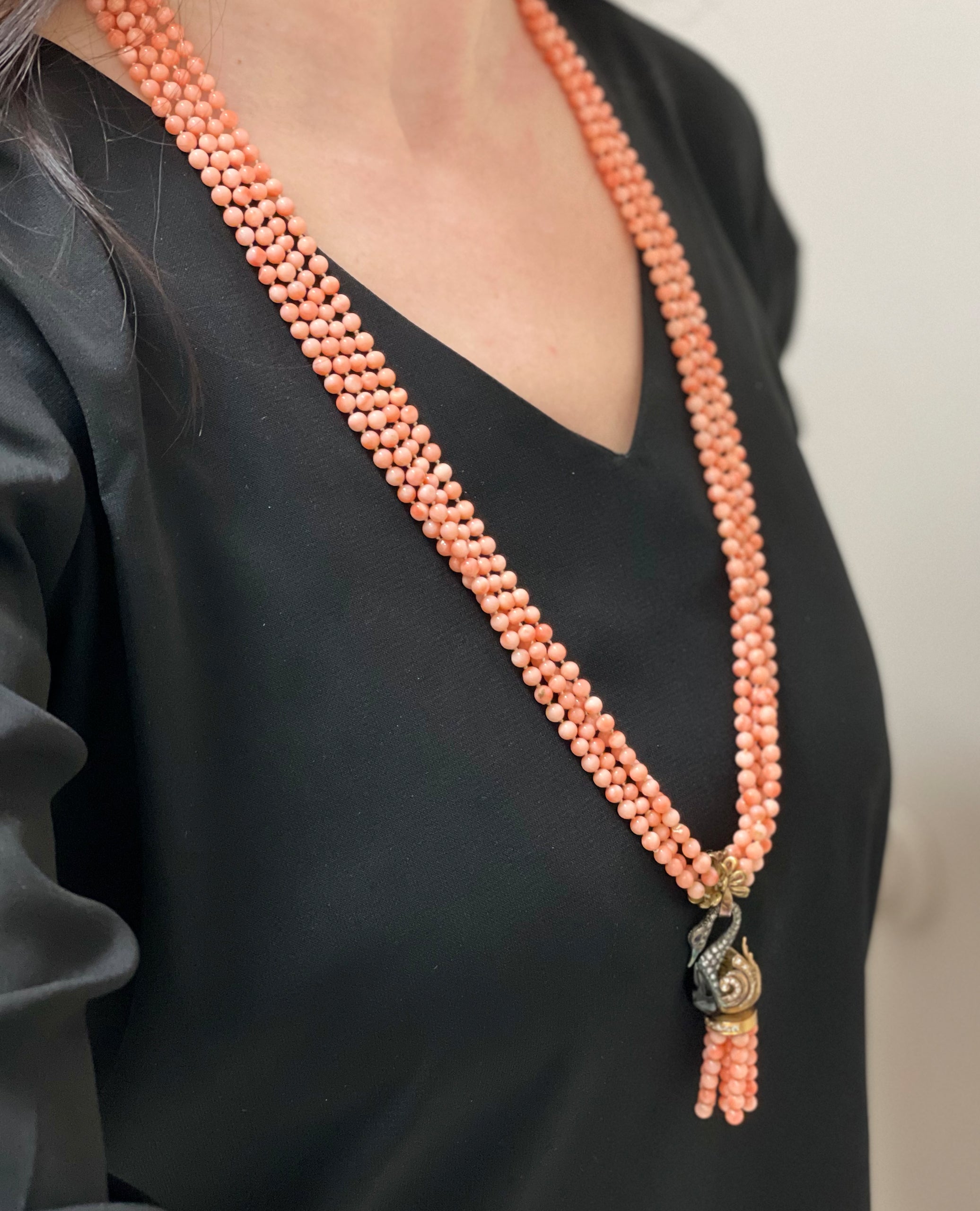 Vintage Pre-owned 18K Yellow Gold Diamond and Angel Coral Bead Tassel Necklace