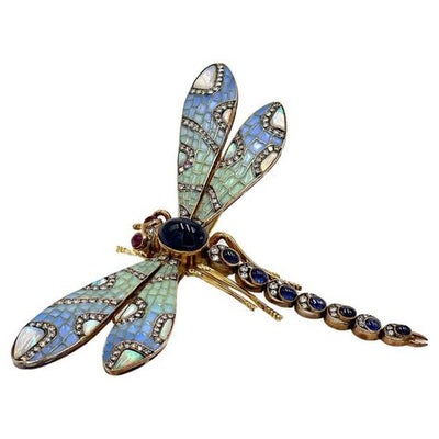 Antique Hand Made 18K Gold and Silver Dragonfly Brooch, Circa 1880-1910
