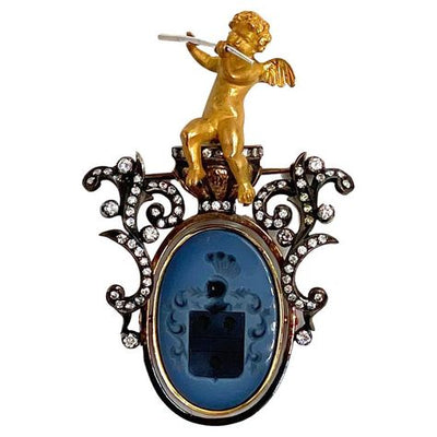 Pre-owned 18K Yellow Gold Intaglio and Diamond Brooch and Pendant