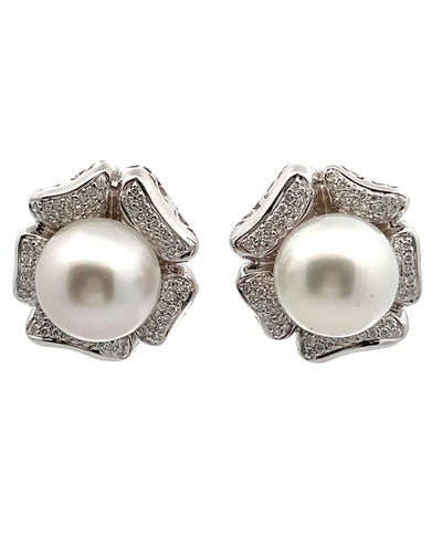 18K White gold Flower Earrings with South Sea Pearls