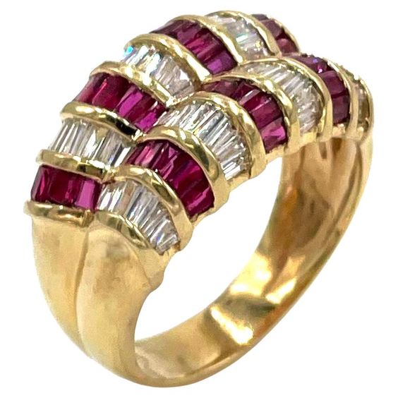14K Yellow Gold Two Row Ruby and Diamond Baguette Right Hand Ring