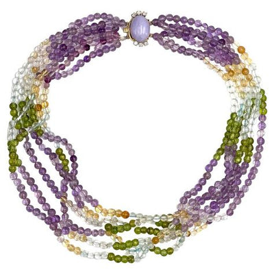 Pre-owned Vintage Multi Strand Necklace with Amethyst, Citrine, Clear Quartz and Peridot and a Lavendar Jade Clasp