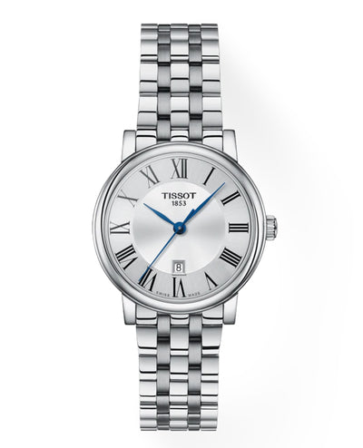 Tissot T122.210.11.033.00 Carson Premium Ladies Swiss Quartz Watch with 30mm Silver Dial, Roman Numerals and Blue Hands