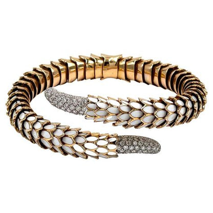 Pre-owned Roberto Coin Animalier 18K Gold Scale Wrap Bracelet with White Enamel & Diamonds
