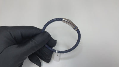 Blue Leather Braided Bracelet with Push Button Lock on Top to Release Clasp