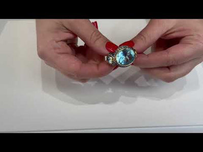 Large 18k Rose Gold Oval Blue Topaz Three Stone Ring with Sapphires & Diamonds