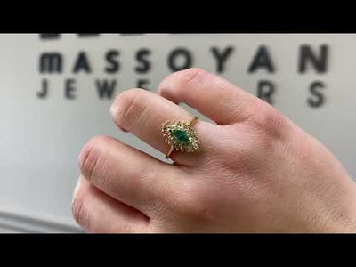 Vintage Marquise Emerald Ring with Round and Baguette Diamonds in 18K Yellow Gold