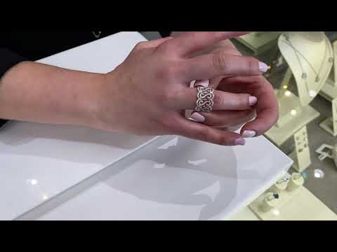 Wide 18K White Gold Ring with Repeating "S" Motif with Round Diamonds