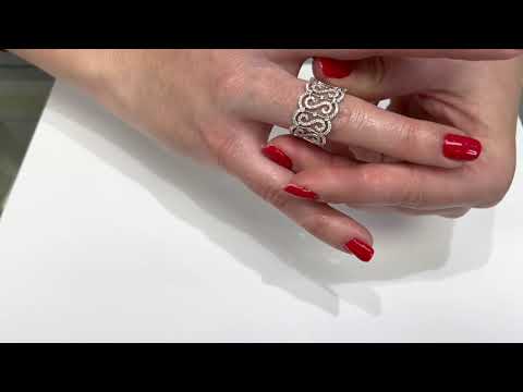 Wide 18K White Gold Ring with Repeating "S" Motif with Round Diamonds